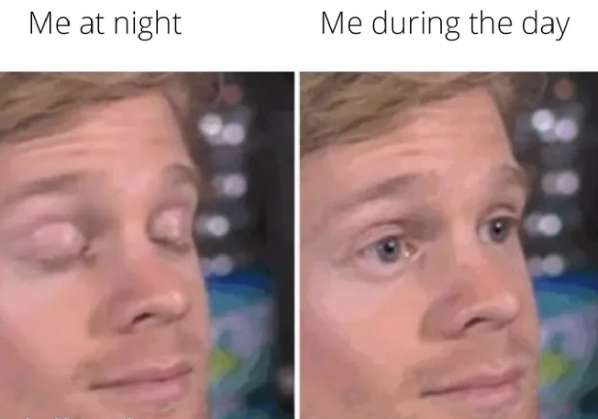 Anti-Memes - guy blinking meme template - Me at night 31 Me during the day
