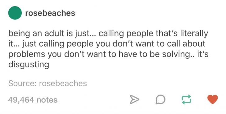 funny pics and memes - quotes - rosebeaches being an adult is just... calling people that's literally it... just calling people you don't want to call about problems you don't want to have to be solving.. it's disgusting Source rosebeaches 49,464 notes