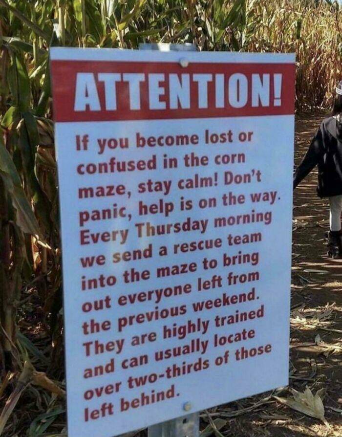 funny pics and memes - extremely unsettling - Attention! If you become lost or confused in the corn maze, stay calm! Don't panic, help is on the way. Every Thursday morning we send a rescue team into the maze to bring out everyone left from the previous w