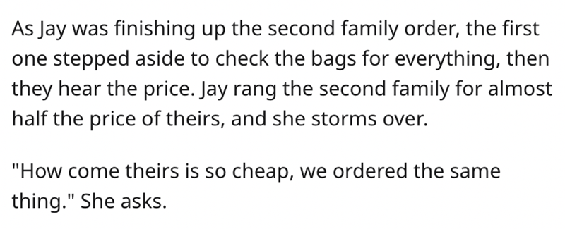 KFC Karen gets instant karma - Function - As Jay was finishing up the second family order, the first one stepped aside to check the bags for everything, then they hear the price. Jay rang the second family for almost half the price of theirs, and she stor