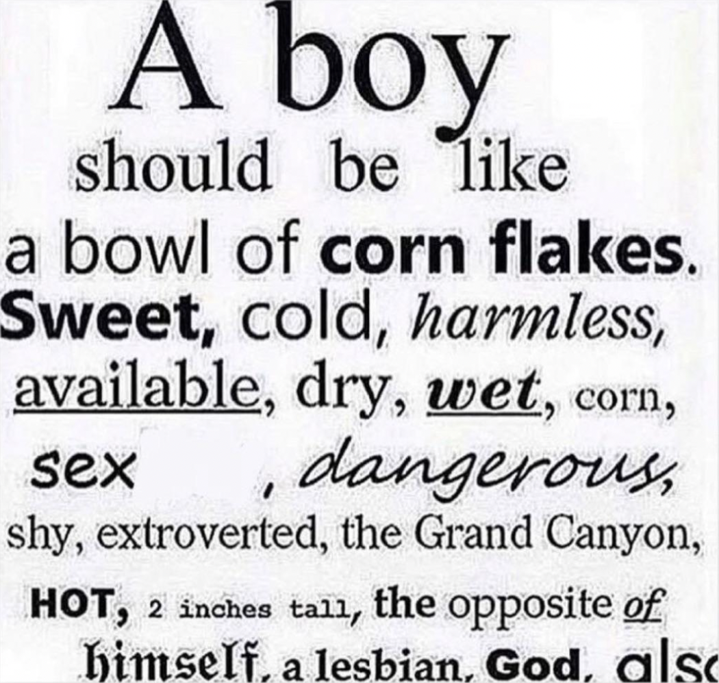 Oddly Specific Pictures - boy should be a bowl of cornflakes - A boy should be a bowl of corn flakes. Sweet, cold, harmless, available, dry, wet, corn, dangerous, sex shy, extroverted, the Grand Canyon, Hot, 2 inches tall, the opposite of himself, a lesbi