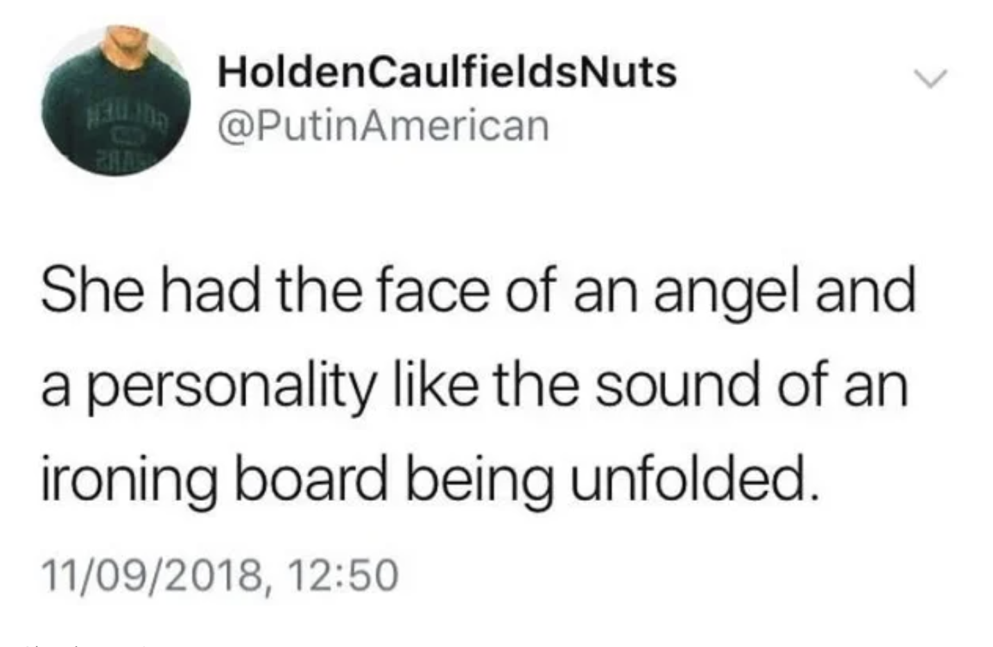Oddly Specific Pictures - twitter tweet funny - Holden CaulfieldsNuts She had the face of an angel and a personality the sound of an ironing board being unfolded.