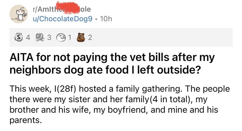 Aita for not paying the vet bills after my neighbors dog ate food I left outside? 2 This week, 128f hosted a family gathering. The people there were my sister and her family 4 in total, my brother and his wife, my…