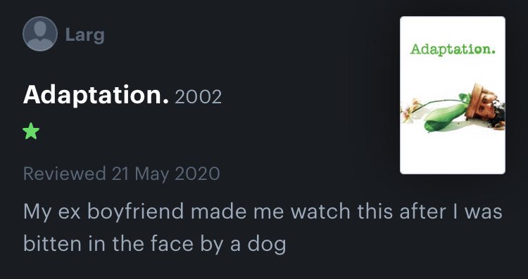 Honest Movie Reviews - presentation - Larg Adaptation. 2002 Adaptation. Reviewed My ex boyfriend made me watch this after I was bitten in the face by a dog