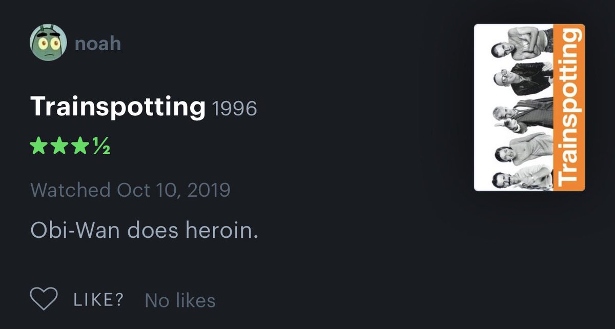 Honest Movie Reviews - multimedia - Oo noah Trainspotting 1996 Watched ObiWan does heroin. ? No Trainspotting