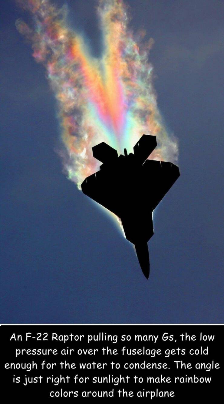 cool random pics - f22 raptor rainbow - An F22 Raptor pulling so many Gs, the low pressure air over the fuselage gets cold enough for the water to condense. The angle is just right for sunlight to make rainbow. colors around the airplane