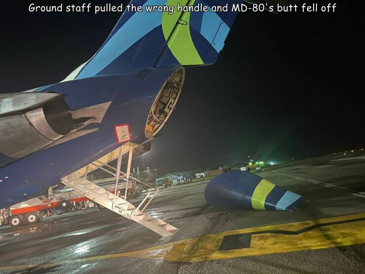 cool random pics - Airplane - Ground staff pulled the wrong handle and Md80's butt fell off Gon Aviation
