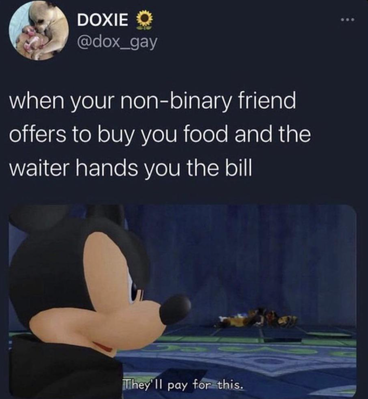 Anti-Memes - Tell the Truth - mickey they ll pay - Doxie O when your nonbinary friend offers to buy you food and the waiter hands you the bill They'll pay for this.