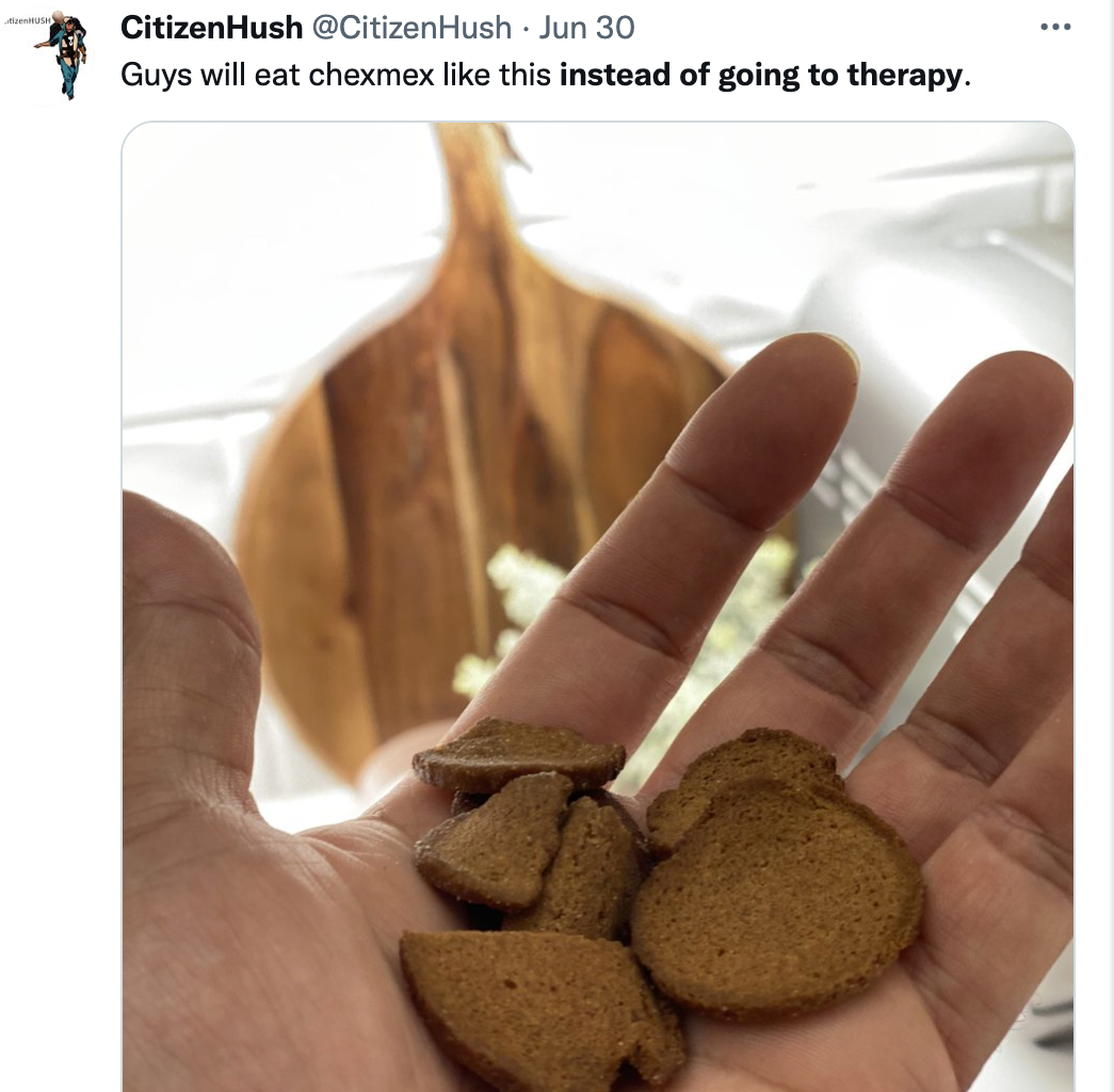 Things men do instead of going to therapy - CitizenHush . Jun 30 Guys will eat chexmex this instead of going to therapy.