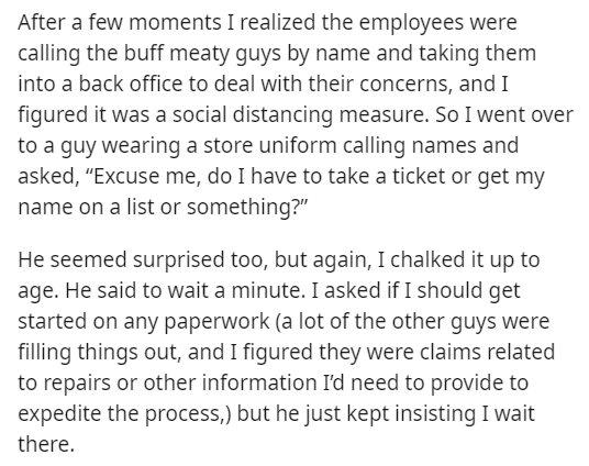 customer discovers illegal interview practices - angle - After a few moments I realized the employees were calling the buff meaty guys by name and taking them into a back office to deal with their concerns, and I figured it was a social distancing measure