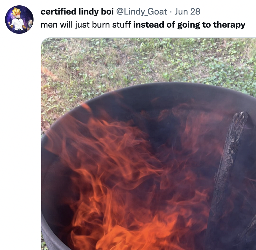 Things men do instead of going to therapy - heat - certified lindy boi Goat Jun 28 men will just burn stuff instead of going to therapy