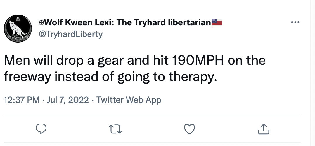 Things men do instead of going to therapy - number - Wolf Kween Lexi The Tryhard libertarian Liberty Men will drop a gear and hit 190MPH on the freeway instead of going to therapy. Twitter Web App 27