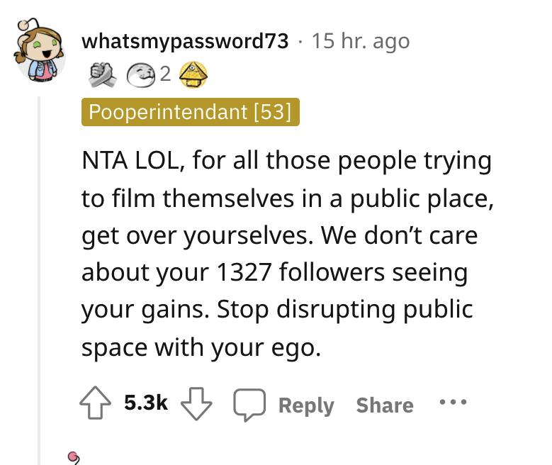 Gym Influencer gets instant karma - angle - whatsmypassword 73 15 hr. ago 2 Pooperintendant 53 Nta Lol, for all those people trying to film themselves in a public place, get over yourselves. We don't care about your 1327 ers seeing your gains. Stop disrup