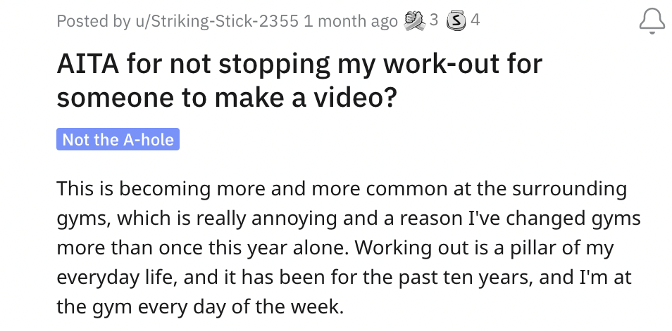 Gym Influencer gets instant karma - angle - Posted by uStrikingStick2355 1 month ago 34 Aita for not stopping my workout for someone to make a video? Not the Ahole This is becoming more and more common at the surrounding gyms, which is really annoying and