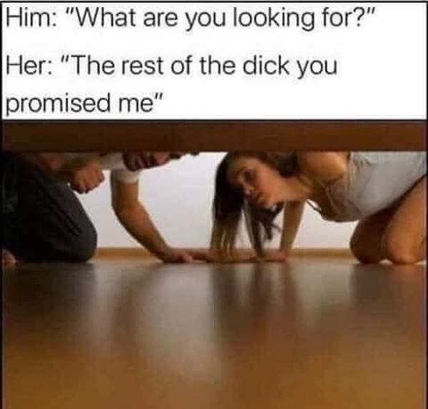 you looking for meme - Him "What are you looking for?" Her "The rest of the dick you promised me"