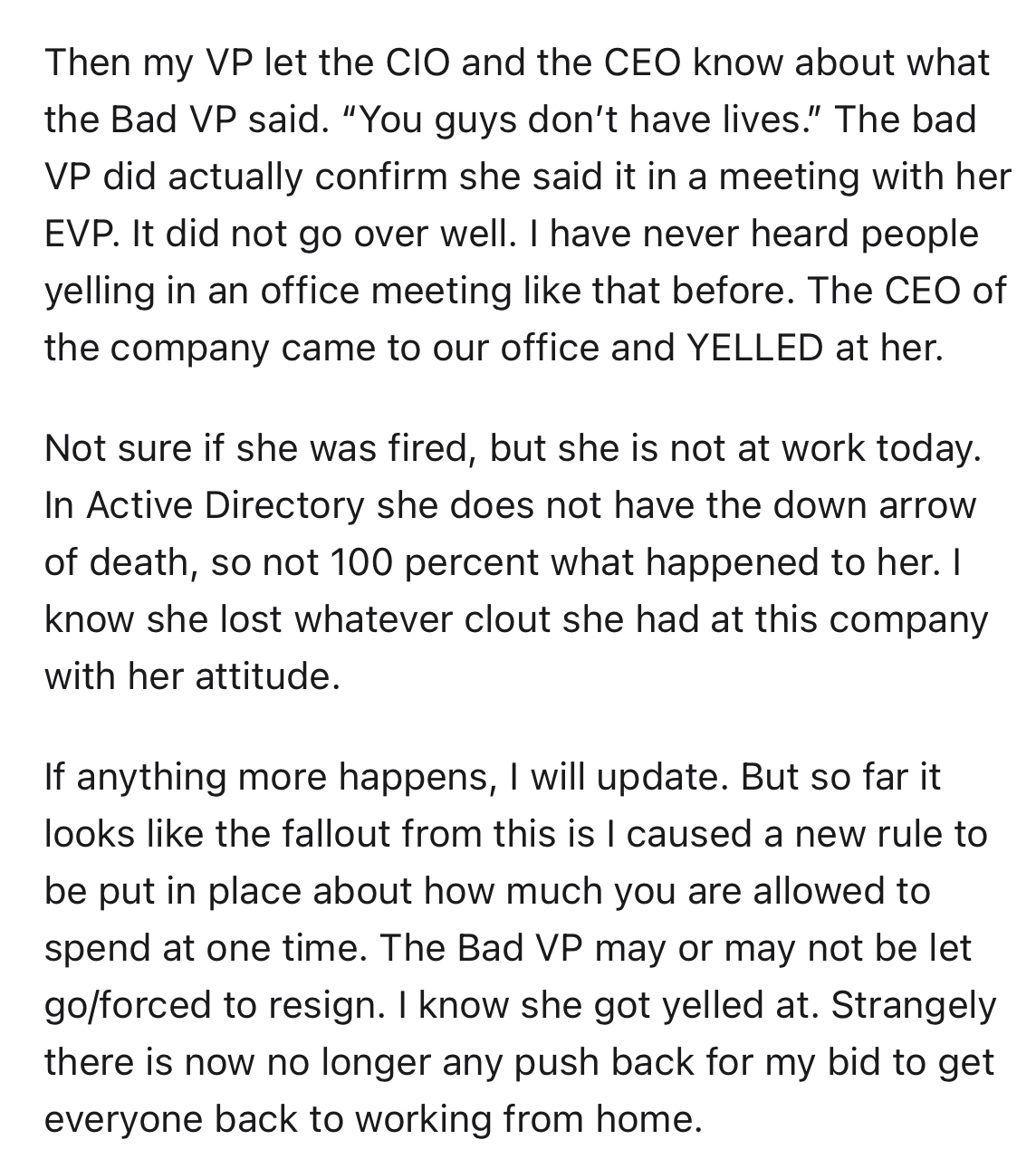employees throw $6k 4th of July party at work -angle - Then my Vp let the Cio and the Ceo know about what the Bad Vp said. "You guys don't have lives." The bad Vp did actually confirm she said it in a meeting with her Evp. It did not go over well. I have 