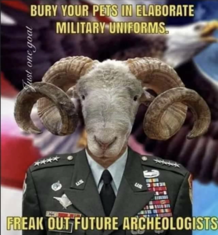 dank memes - horn - Bury Your Pets In Elaborate Military Uniforms. Just one goat Freak Out Future Archeologists