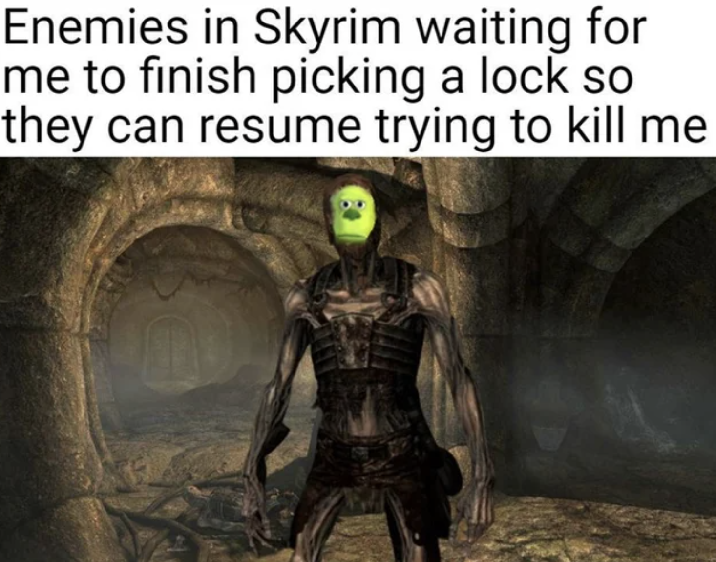 Gaming Memes - fictional character - Enemies in Skyrim waiting for me to finish picking a lock so they can resume trying to kill me