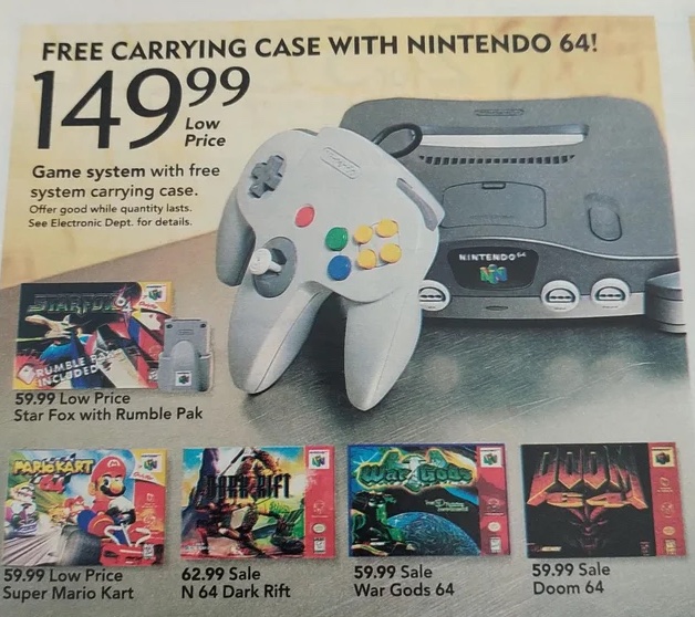 Retro Gaming Pictures and Memes - home game console accessory - Free Carrying Case With Nintendo 64! 149.99 Game system with free system carrying case. Offer good while quantity lasts. See Electronic Dept. for details. Rumble Baxa Included 59.99 Low Price