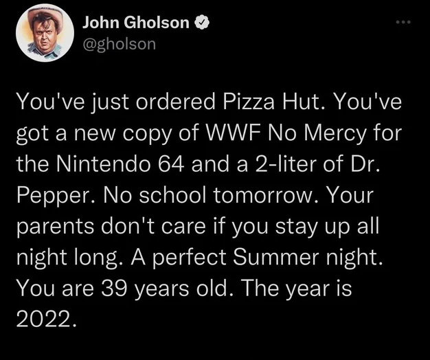 Retro Gaming Pictures and Memes - atmosphere - John Gholson You've just ordered Pizza Hut. You've got a new copy of Wwf No Mercy for the Nintendo 64 and a 2liter of Dr. Pepper. No school tomorrow. Your parents don't care if you stay up all night long. A p