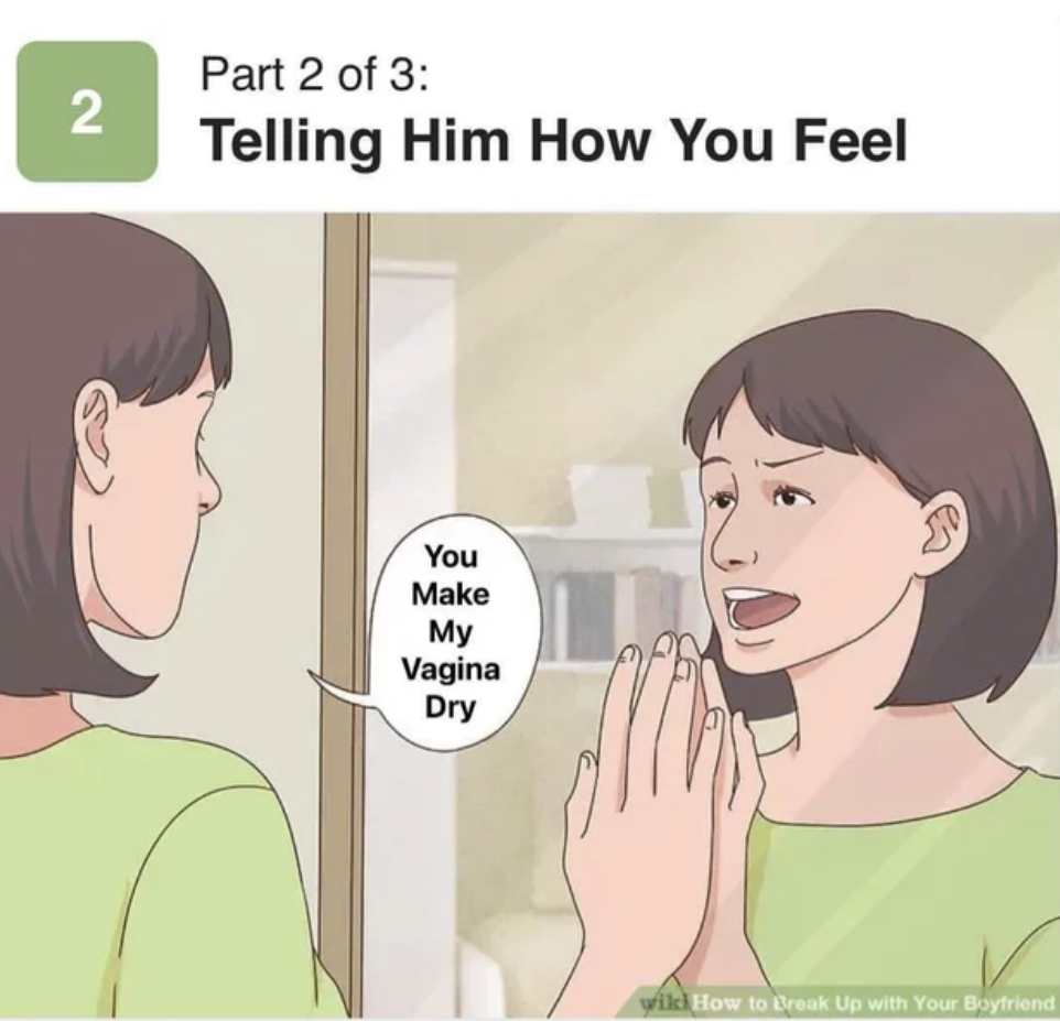 WikiHow Lifehack memes - mack r - 2 Part 2 of 3 Telling Him How You Feel You Make My Vagina Dry will How to Break Up with Your Boyfriend
