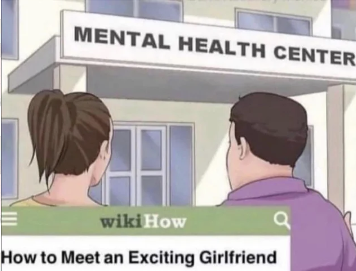 WikiHow Lifehack memes - cartoon - Mental Health Center. wiki How How to Meet an Exciting Girlfriend
