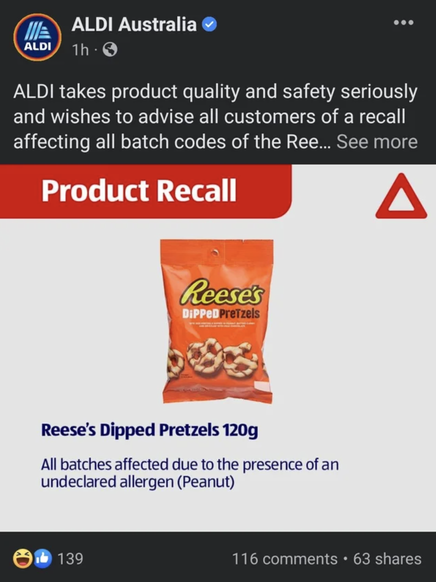 People Who Didn't Do Their Only Job - takes product quality and safety seriously and wishes to advise all customers of a recall affecting all batch codes of the Ree... See more Product Recall Reese's Dipped Pretzels Reese's Dipped Pretzels