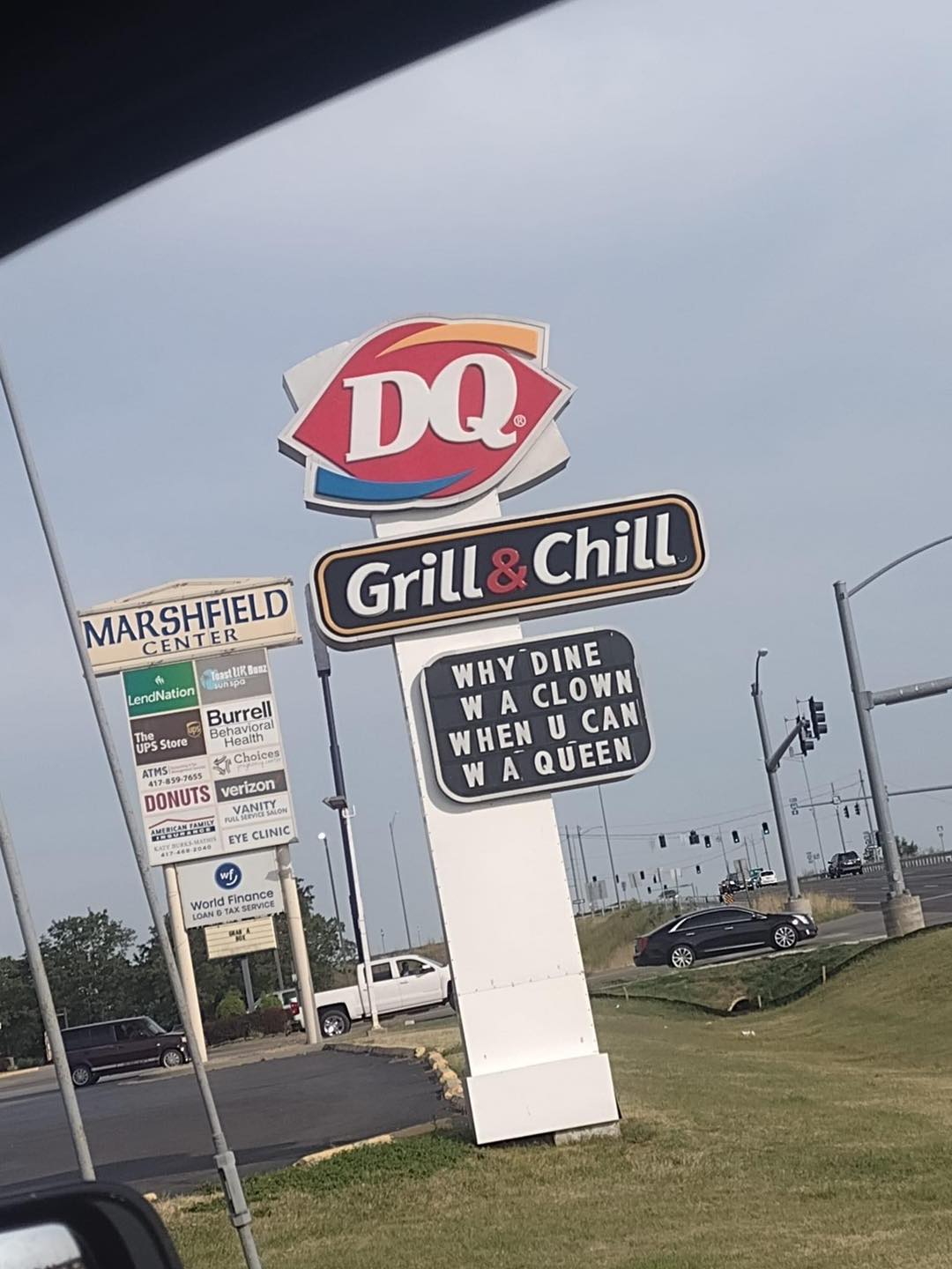 Fast food sign war - dairy queen - Marshfield Grill & Chill Toast Uk Banz LendNationsunspa The Ups Store Burrell Behavioral Health ces Atms 4178597655 Donuts verizon Vanity Full Service Salon Eye Clinic Family American Co Thouder Katy Burks Matos 41746820