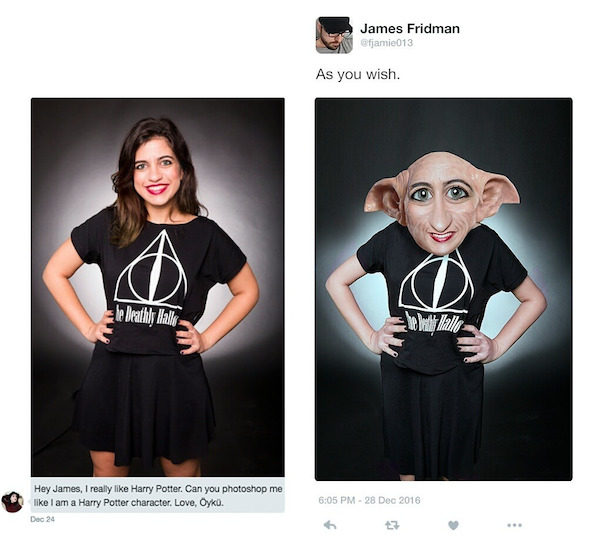 photoshop troll - james fridman - D he Deathly Halle Hey James, I really Harry Potter. Can you photoshop me I am a Harry Potter character. Love, yk. Dec 24 James Fridman As you wish. be beth Hallo