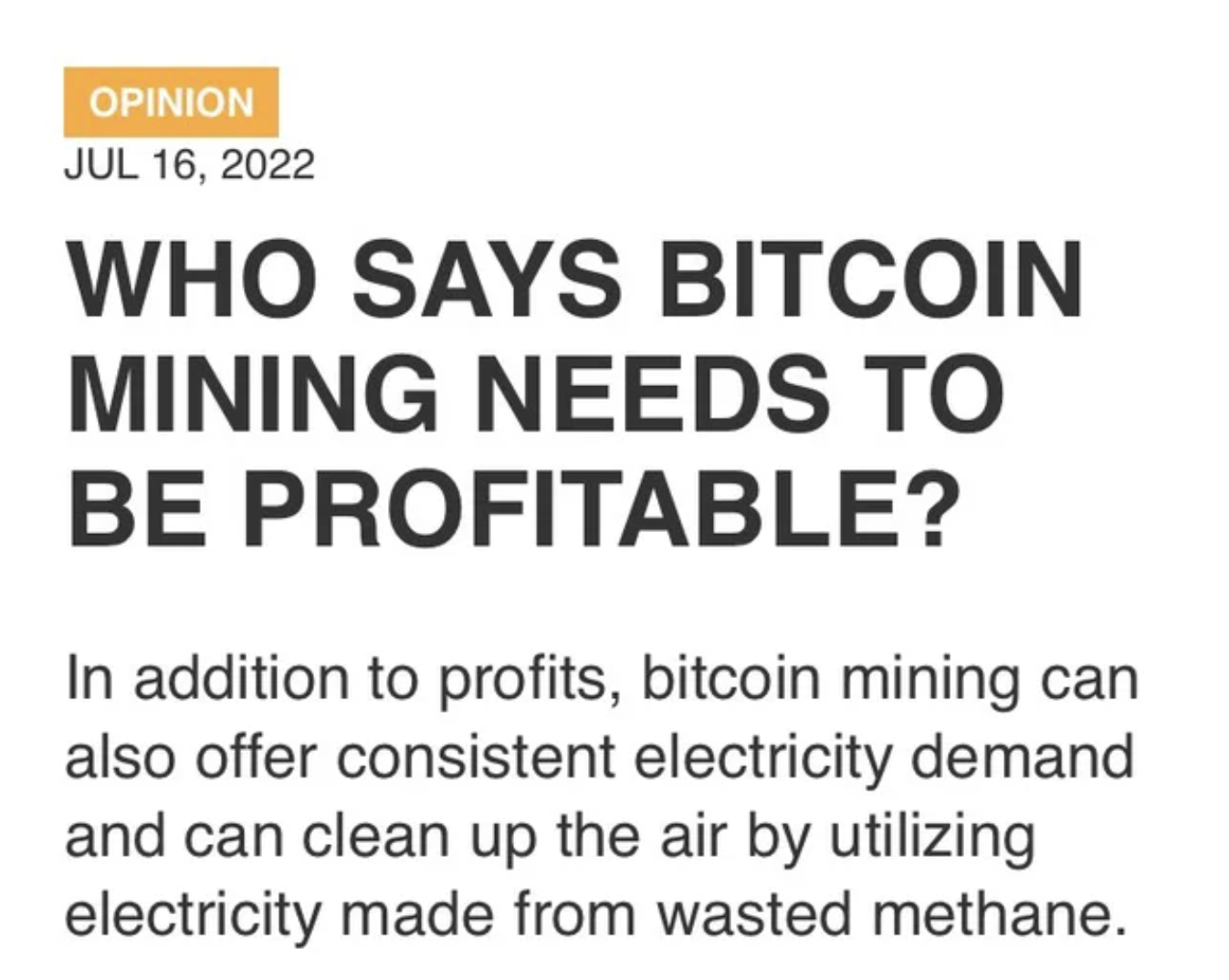 Facepalms - paper - Opinion Who Says Bitcoin Mining Needs To Be Profitable? In addition to profits, bitcoin mining can also offer consistent electricity demand and can clean up the air by utilizing electricity made from wasted methane.