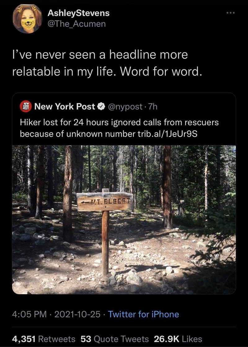 funny memes and random tweets - tree - AshleyStevens I've never seen a headline more relatable in my life. Word for word. New York Post . 7h Hiker lost for 24 hours ignored calls from rescuers because of unknown number trib.al1JeUr9S Mt. Elbert Twitter fo