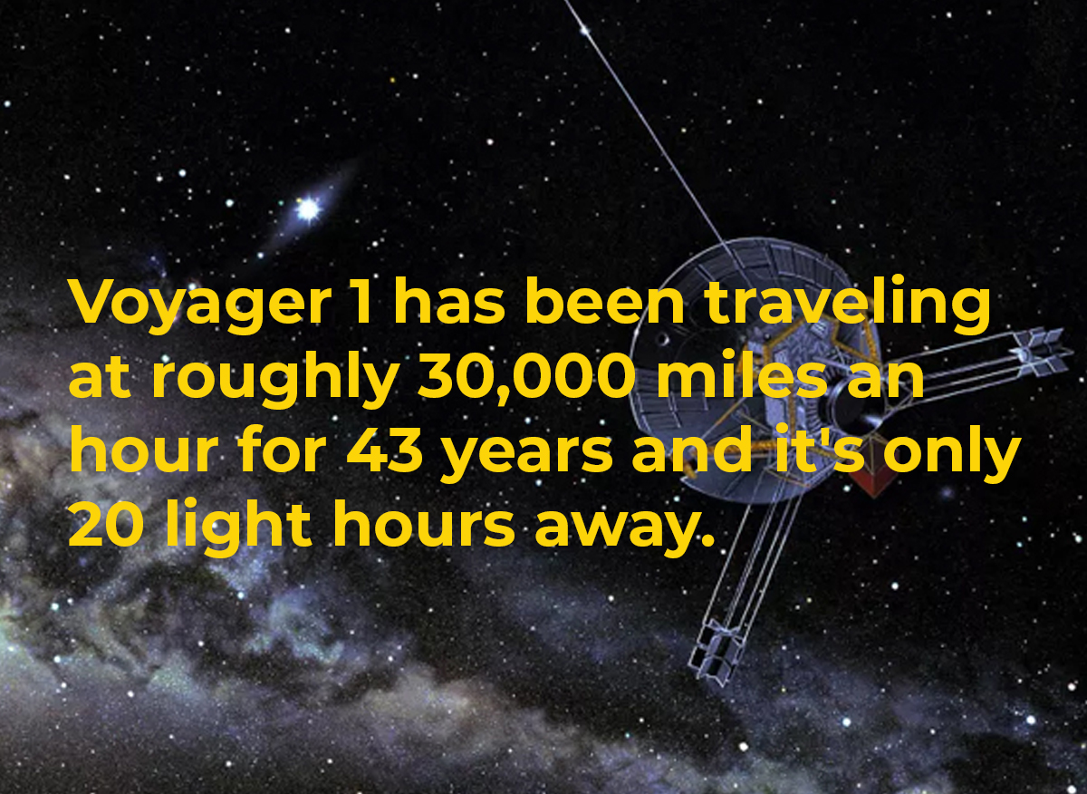 crazy and wtf facts - pioneer 10 - Voyager 1 has been traveling at roughly 30,000 miles an hour for 43 years and it's only 20 light hours away.