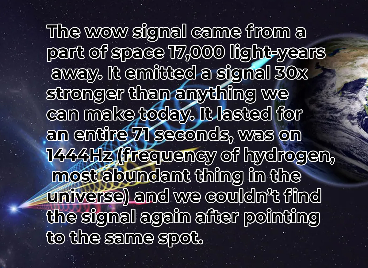 crazy and wtf facts - atmosphere - The wow signal came from a part of space 17,000 lightyears away. It emitted a signal 30x stronger than anything we can make today. It lasted for an entire 71 seconds, was on 1444Hz frequency of hydrogen, most abundant th