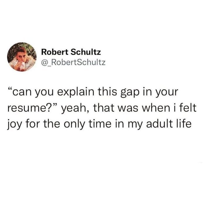 dank memes - Robert Schultz "can you explain this gap in your resume?" yeah, that was when i felt joy for the only time in my adult life