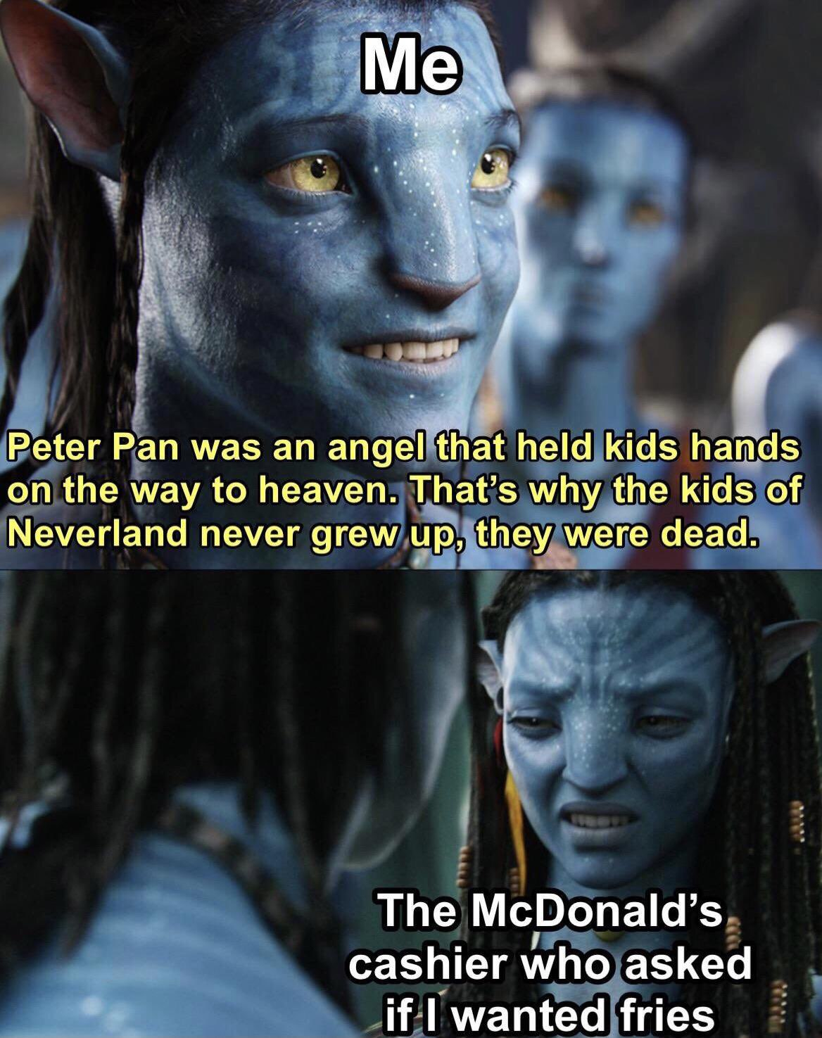 dank memes - avatar movie - Me Peter Pan was an angel that held kids hands on the way to heaven. That's why the kids of Neverland never grew up, they were dead. The McDonald's cashier who asked if I wanted fries www www