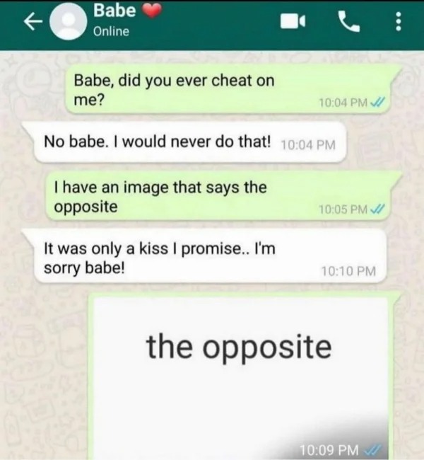 dirty pcis and memes - have a picture that says the opposite - Babe Online Babe, did you ever cheat on me? No babe. I would never do that! I have an image that says the opposite It was only a kiss I promise.. I'm sorry babe! the opposite ...