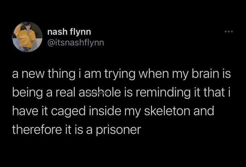monday morning randomness - wholesome post - nash flynn www a new thing i am trying when my brain is being a real asshole is reminding it that i have it caged inside my skeleton and therefore it is a prisoner