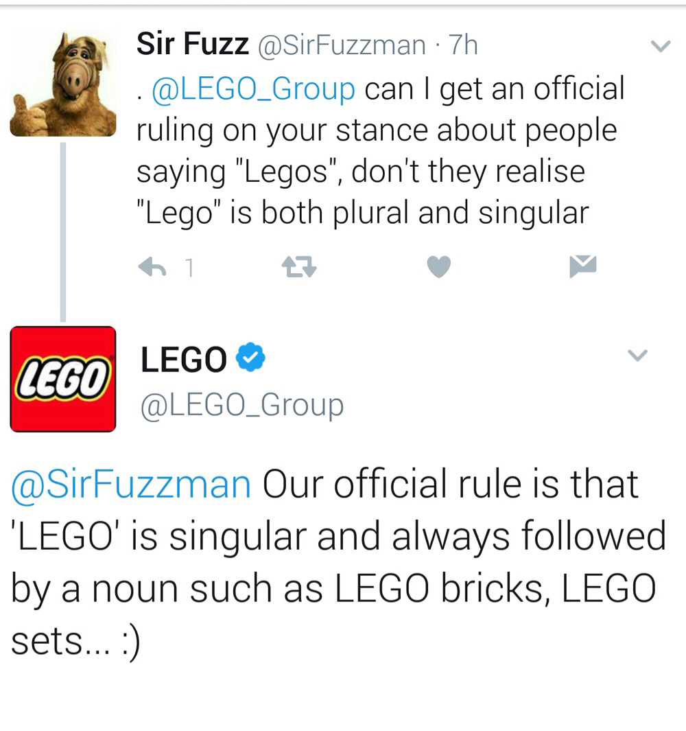 monday morning randomness - lego architecture - Lego Sir Fuzz . 7h . can I get an official ruling on your stance about people saying "Legos", don't they realise "Lego" is both plural and singular 1 47 Lego Our official rule is that 'Lego' is singular and 