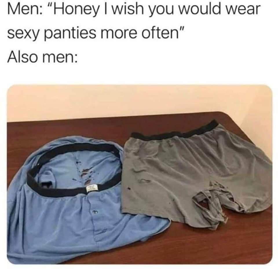 monday morning randomness - men underwear meme - Men "Honey I wish you would wear sexy panties more often" Also men