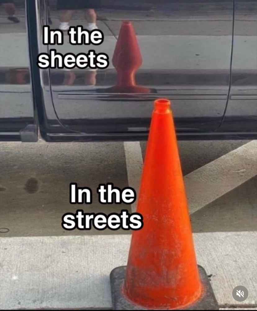 low brow humor and spicy memes - traffic cone butt plug meme - In the sheets In the streets