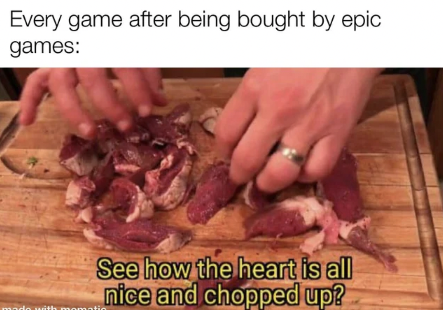 see how the heart is nice and chopped up - Every game after being bought by epic games See how the heart is all nice and chopped up?