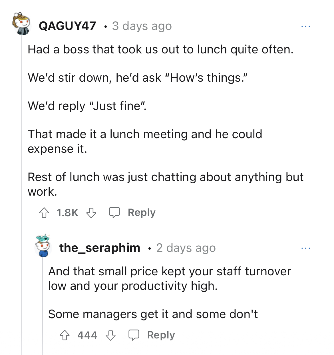 $15K expensed company dinner - angle - QAGUY47 3 days ago Had a boss that took us out to lunch quite often. We'd stir down, he'd ask "How's things." We'd "Just fine". That made it a lunch meeting and he could expense it. Rest of lunch was just chatting ab