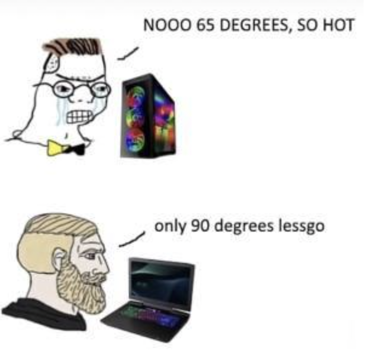 PC Gaming Memes - laptop gaming memes - Nooo 65 Degrees, So Hot only 90 degrees lessgo