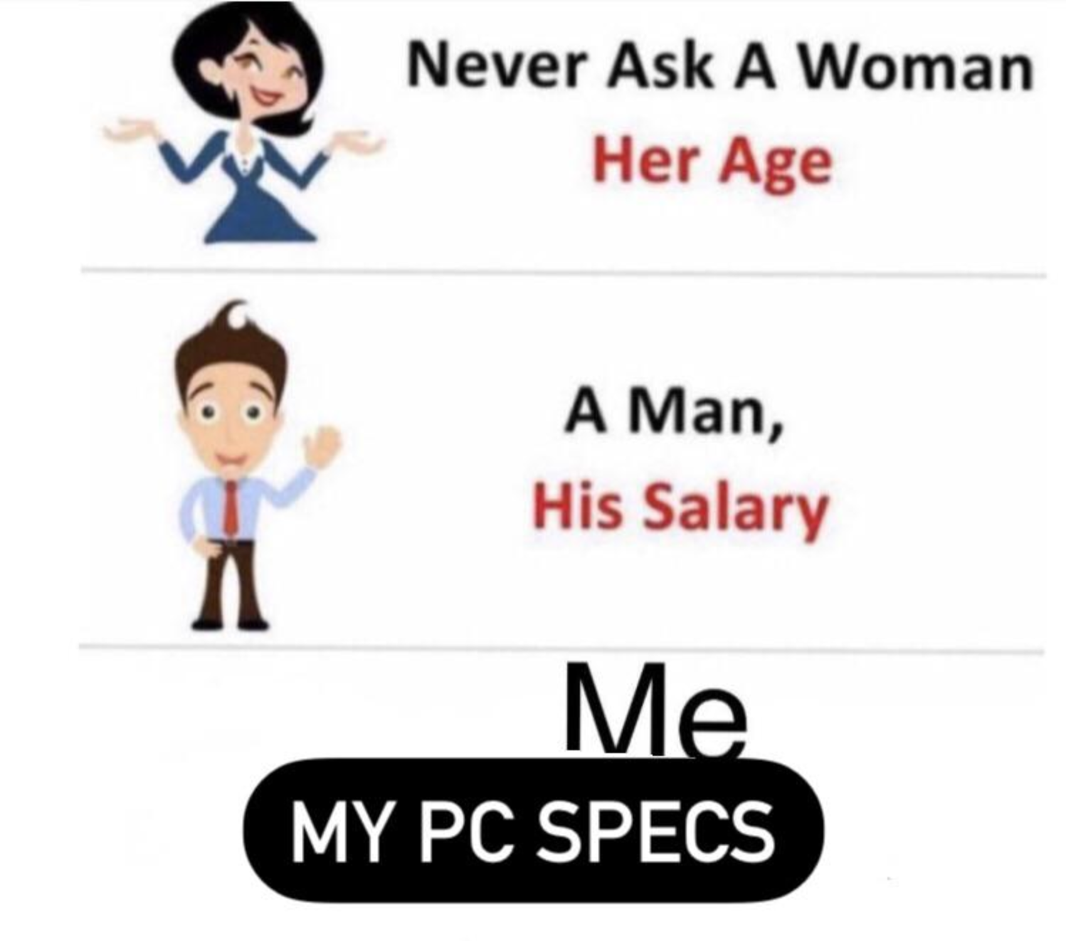 PC Gaming Memes - cbc - A Never Ask A Woman Her Age A Man, His Salary Me My Pc Specs