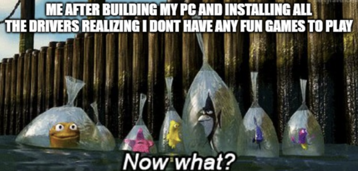 PC Gaming Memes - water - Me After Building My Pc And Installing All The Drivers Realizing I Dont Have Any Fun Games To Play Now what?