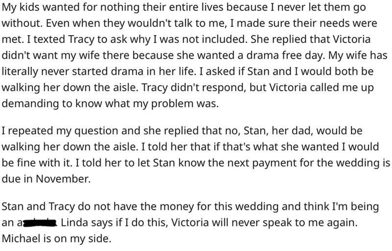 AITA Reddit Dad Cuts off Daughter After Funding Wedding - co education topic - My kids wanted for nothing their entire lives because I never let them go without. Even when they wouldn't talk to me, I made sure their needs were met. I texted Tracy to ask w