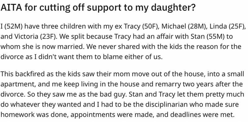 AITA Reddit Dad Cuts off Daughter After Funding Wedding - document - Aita for cutting off support to my daughter? I 52M have three children with my ex Tracy 50F, Michael 28M, Linda 25F, and Victoria 23F. We split because Tracy had an affair with Stan 55M