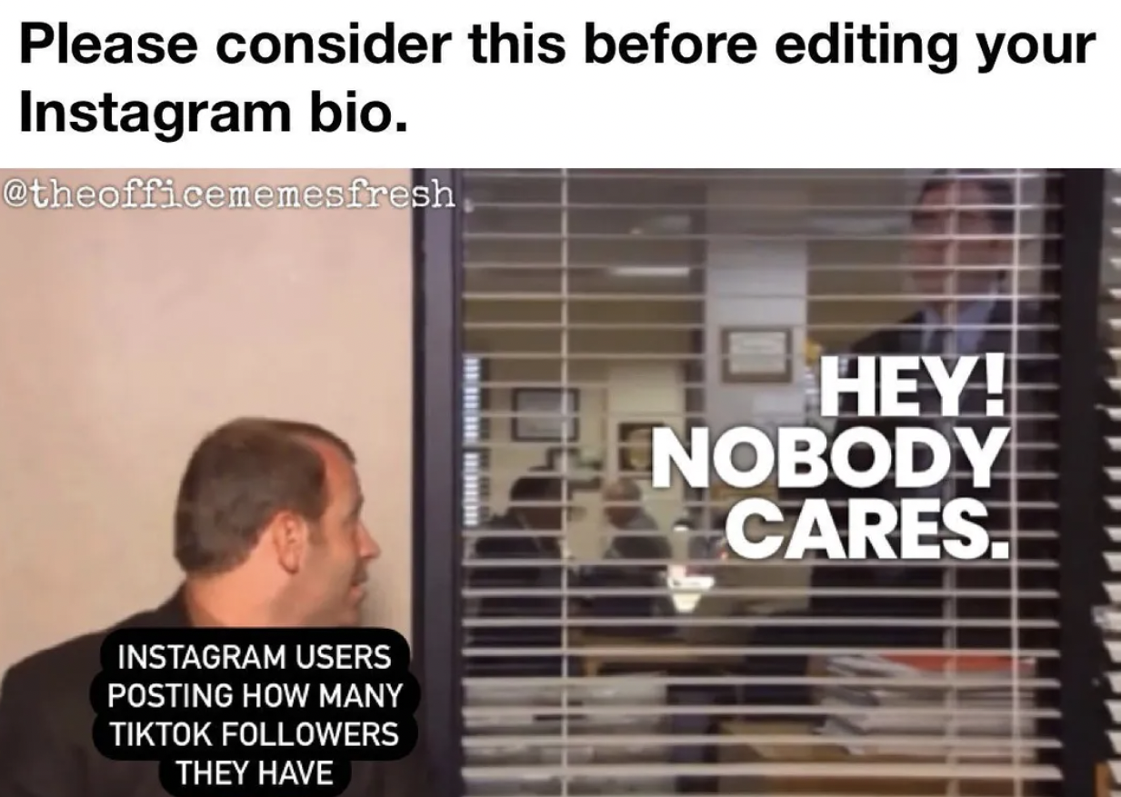 The Office show memes - presentation - Please consider this before editing your Instagram bio. fresh Instagram Users Posting How Many Tiktok ers They Have Hey! Nobody Cares.