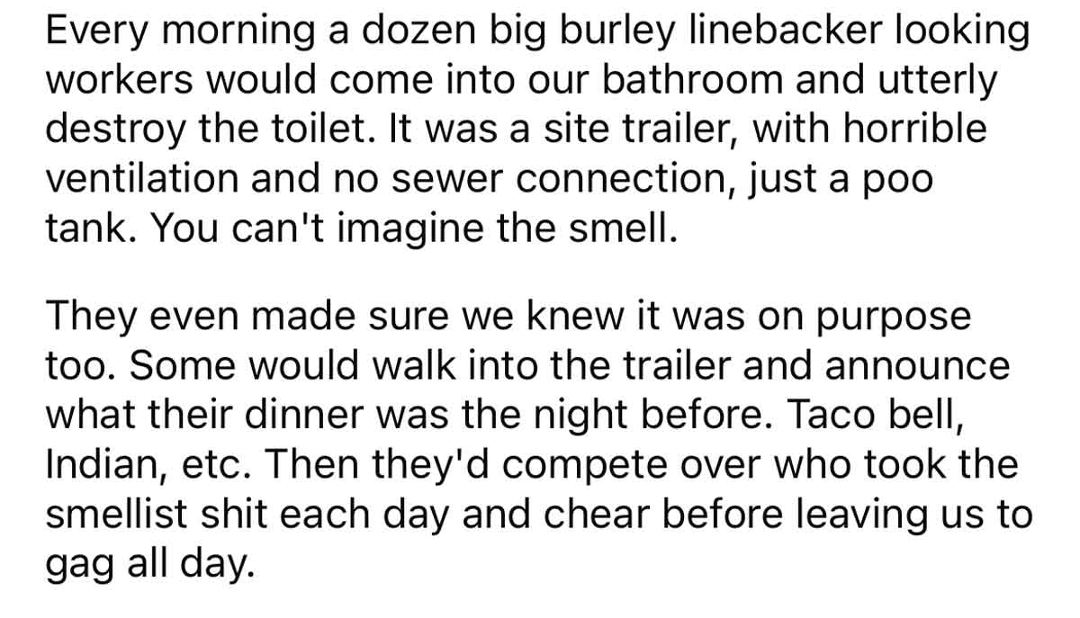 Workers destroy bathrooms petty revenge - Every morning a dozen big burley linebacker looking workers would come into our bathroom and utterly destroy the toilet. It was a site trailer, with horrible ventilation and no sewer connection, just a poo tank. Y