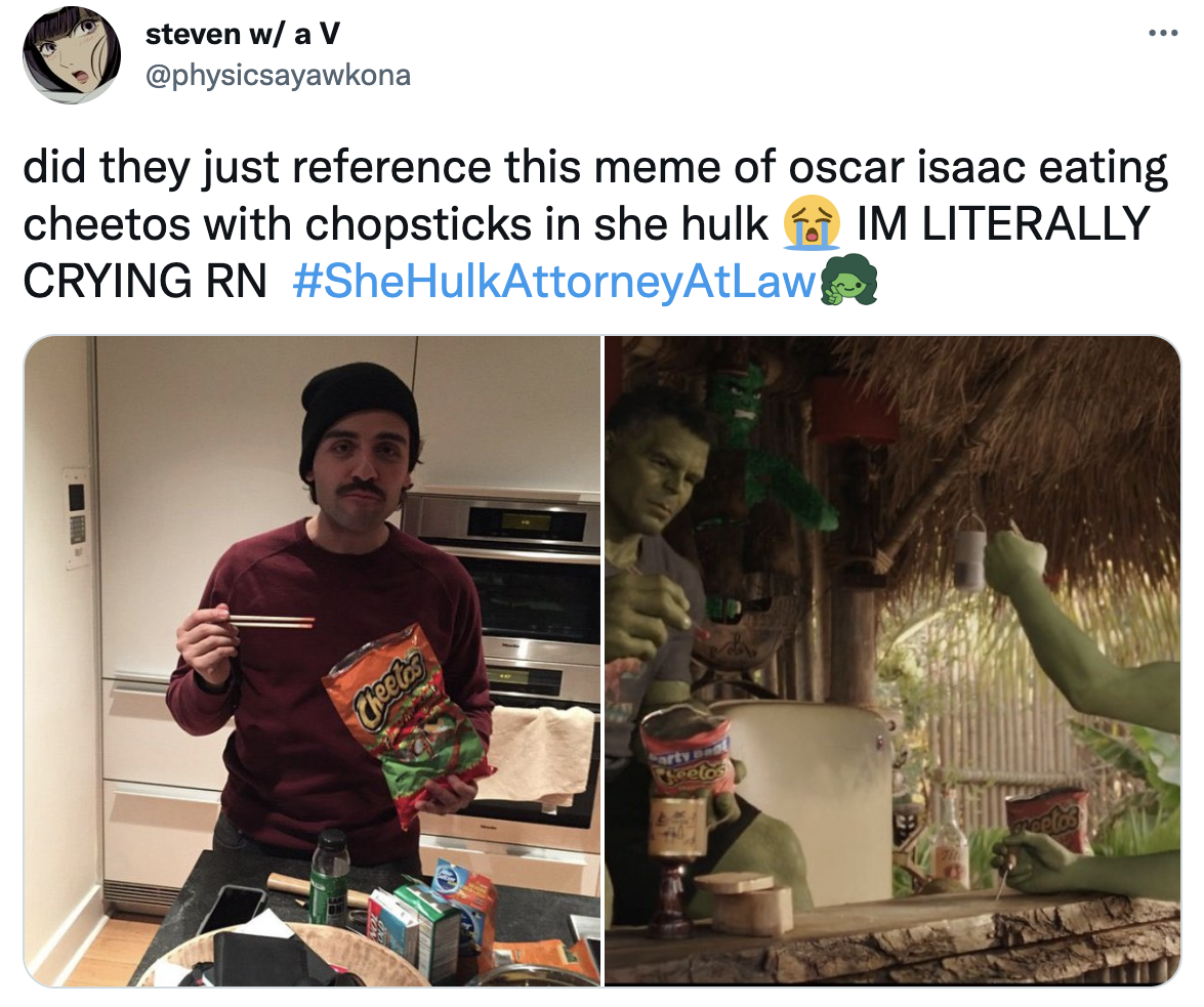 She-Hulk memes - oscar isaac eating a bag of cheetos - steven w a V N did they just reference this meme of oscar isaac eating cheetos with chopsticks in she hulk Im Literally Crying Rn Cheetos Surft Pere